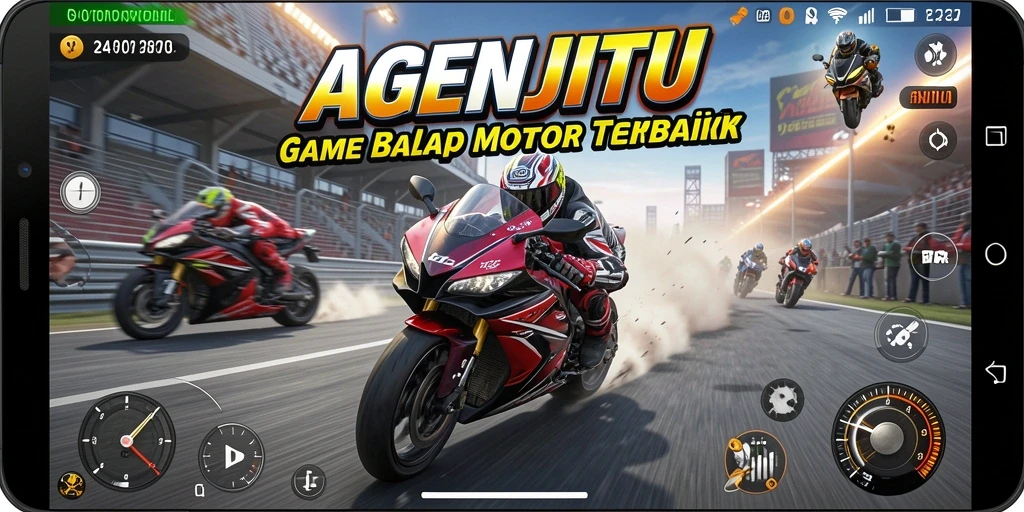 Tampilan gameplay AGENJITU yang menegangkan dengan motor balap yang cepat.