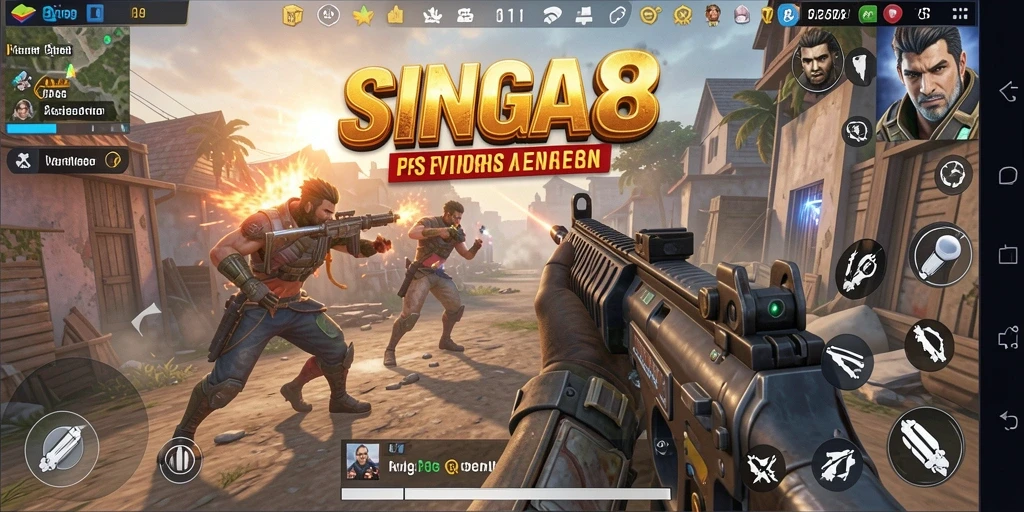 Tangkapan layar utama SINGA8 menampilkan aksi menembak yang mendebarkan.