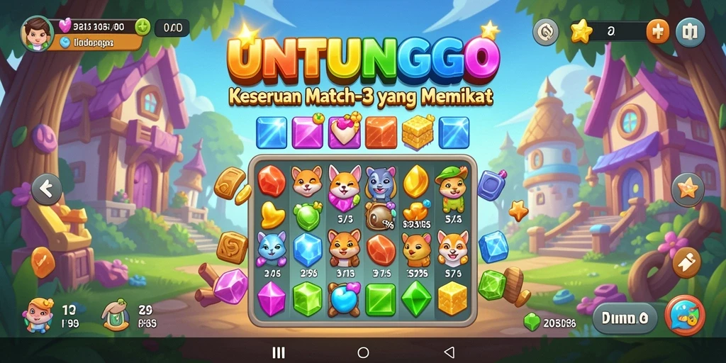 Tampilan gameplay UNTUNGGO dengan grafik warna-warni dan tantangan mencocokkan item.